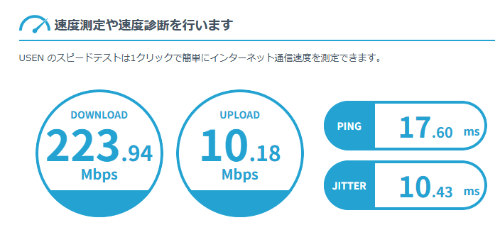 JCOM回線でUSENスピードテスト結果